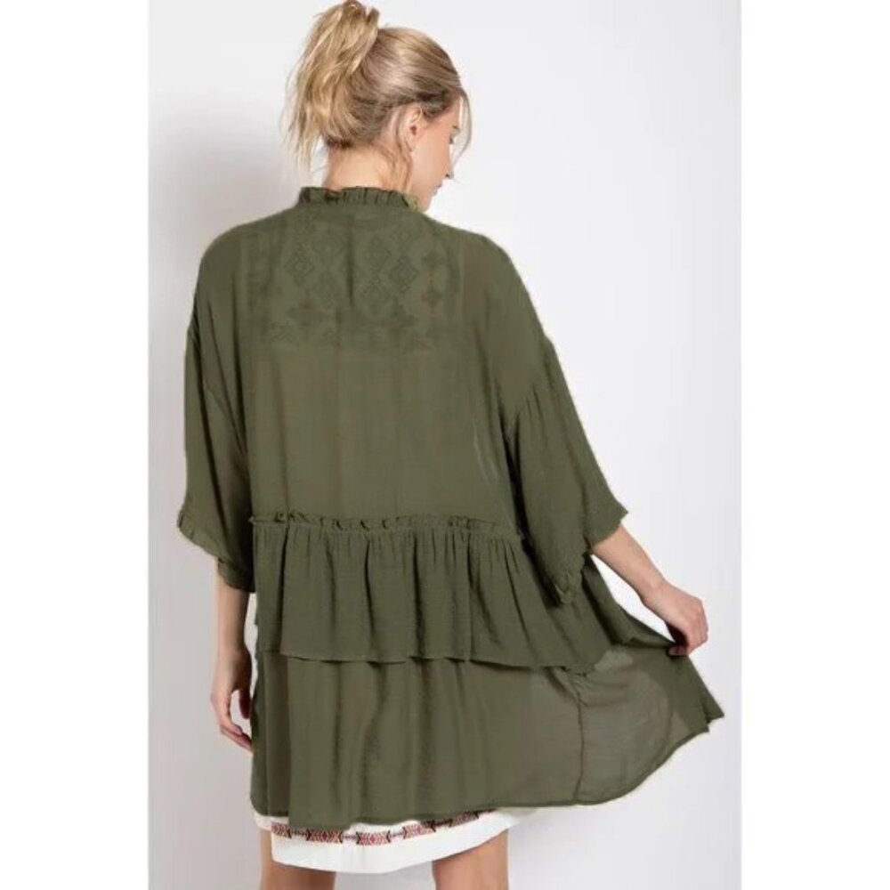 Easel Sage Semi Sheer Double Ruffled Long Open Front Cardigan Medium - Picture 3 of 9